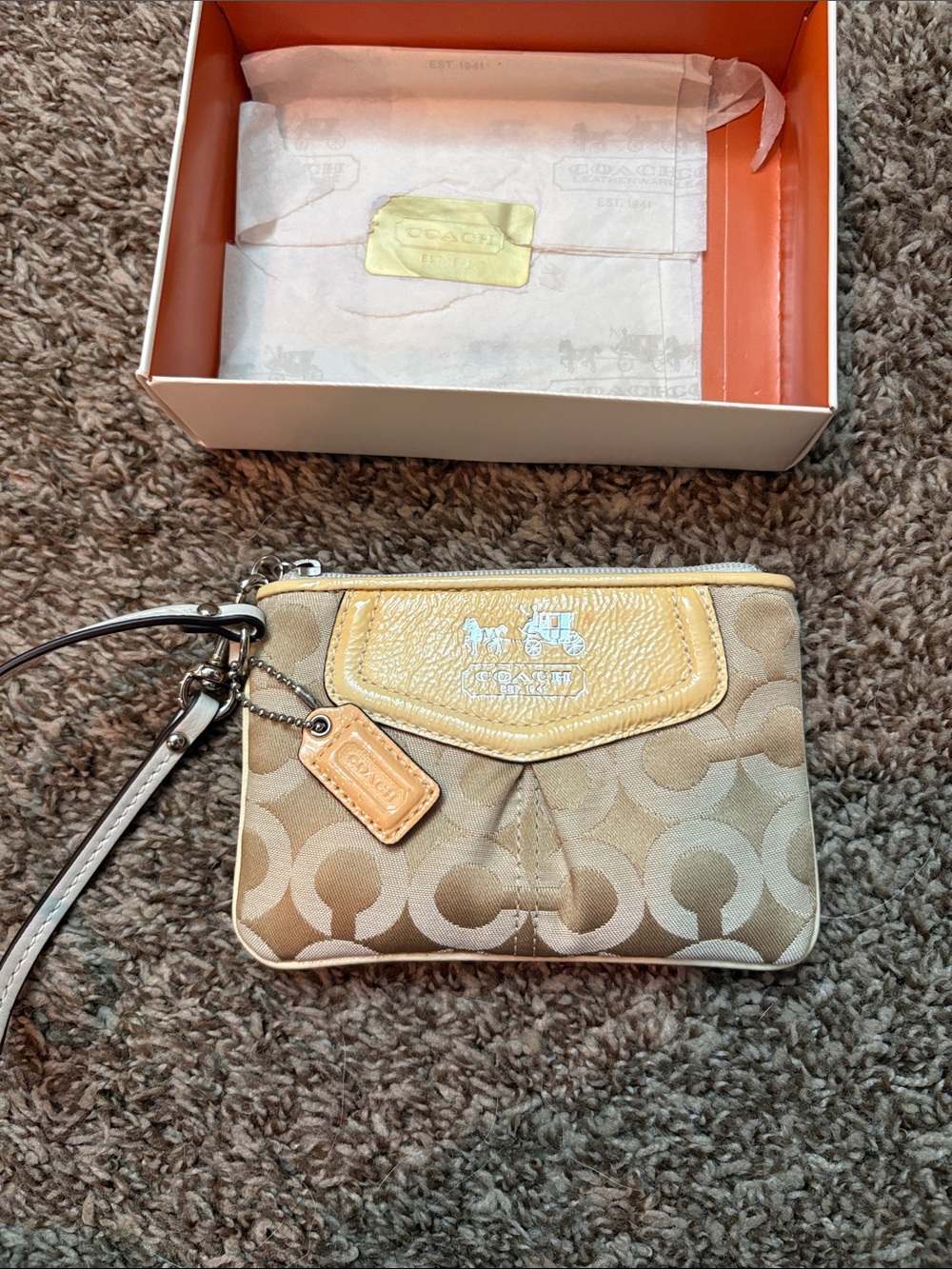 Coach Beige Signature Canvas Wristlet with Pale Yellow Trim